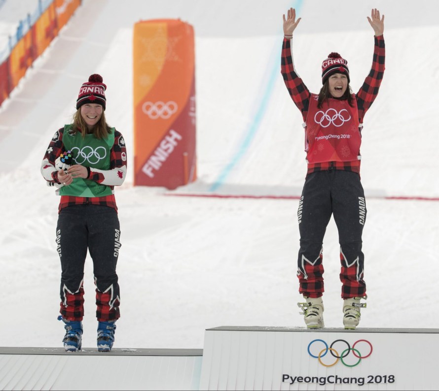 Canada's Kelsey Sherwa and Brittany Phelan place 1,2 in ski cross at the PyeongChang 2018 Olympic Winter Games in Korea, Friday, February 23, 2018. THE CANADIAN PRESS/HO - COC – Jason Ransom