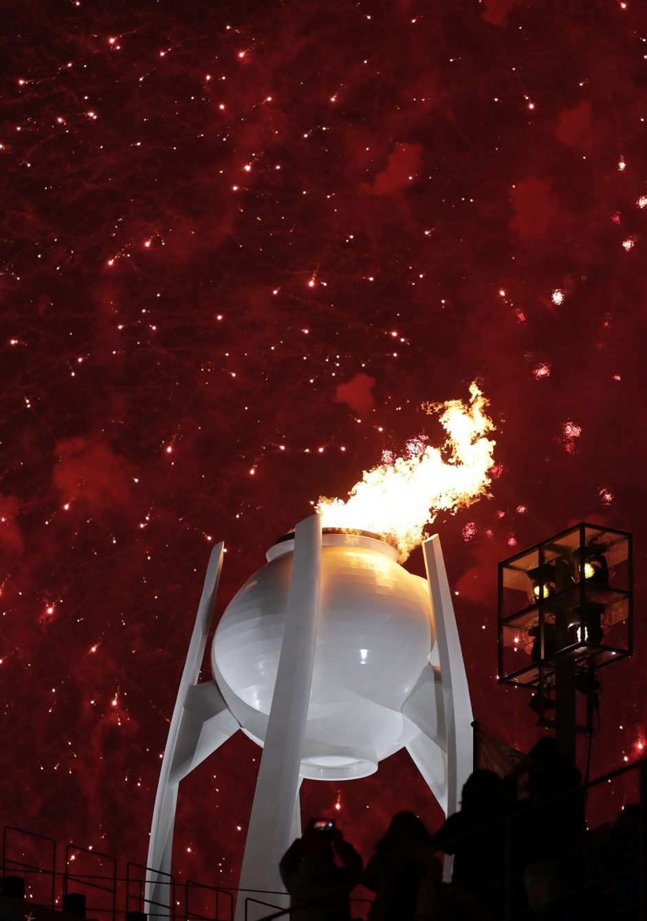 The Olympic Cauldron is lit during the Opening Ceremony of the Pyeonchang Winter Olympics in Pyeongchang, South Korea on February 9, 2018. Photo by Jason Ransom/COC