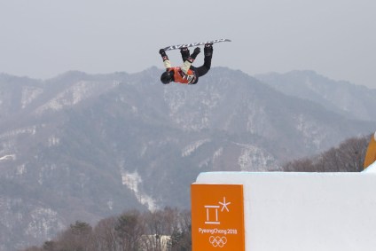 Team Canada's Max Parrot in qualifying rounds for the Mens Snowboard Slopestyle at Phoenix Snow Park, PyeongChang, South Korea. Photo COC/David Jackson