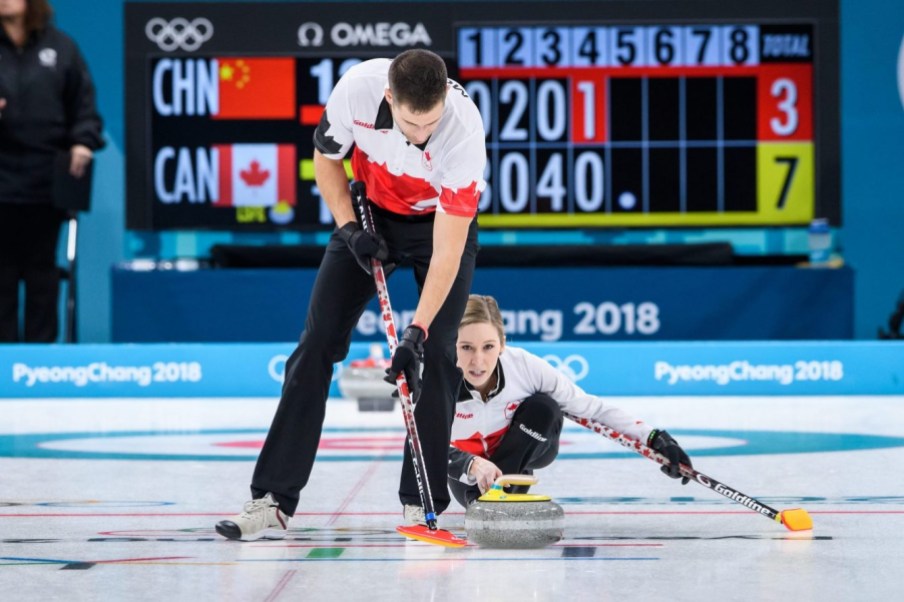 VE180209-2963-TeamCanada GANGNEUNG, SOUTH KOREA - FEBRUARY 09: Team Canadaís Mixed Double Curling athletes Kaitlyn Lawes and John Morris compete against China in round robin action at the Gangneung Curling Centre, on February 9, 2018 in Gangneung, South Korea. (Photo by Vincent Ethier/COC)