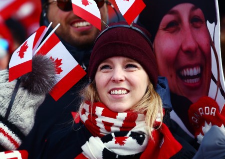 Canada fans watch the Freestyle Skiing Ladies Moguls Qualification 1 event at Phoenix Snow Park on February 9, 2018 in Pyeongchang, South Korea. (Photo by Vaughn Ridley/COC)
