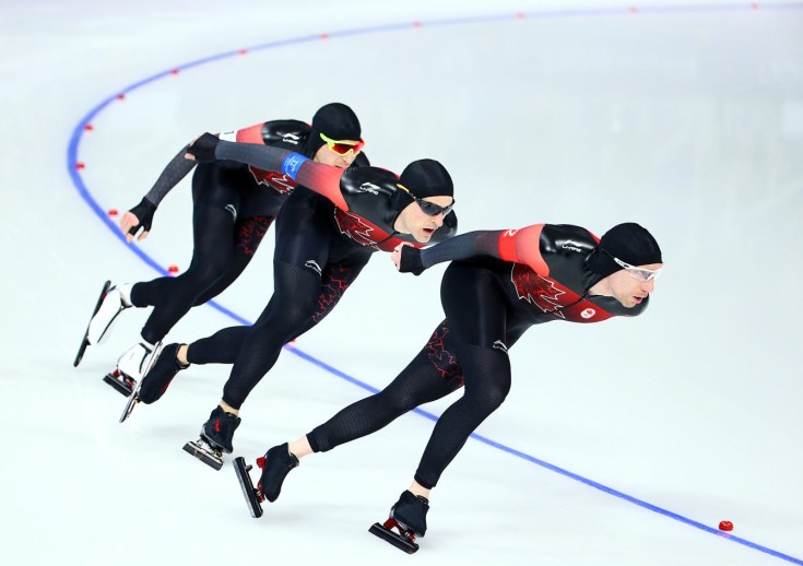 Jordan Belchos, Denny Morrison and Ted-Jan Bloemen of Canada compete in the Men's Team Pursuit Quarterfinals at the Gangneung Oval during the PyeongChang 2018 Olympic Winter Games in PyeongChang, South Korea on February 18, 2018. (Photo by Vaughn Ridley/COC)