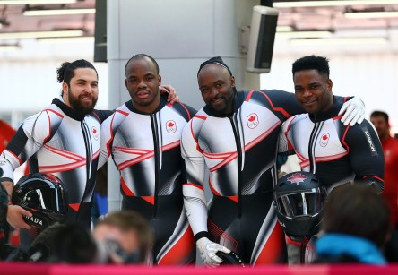 Christopher Spring, Lascelles Brown, Bryan Barnett and Neville Wright of Canada compete in the 4-man Bobsleigh at the Olympic Sliding Centre during the PyeongChang 2018 Olympic Winter Games in PyeongChang, South Korea on February 25, 2018. (Photo by Vaughn Ridley/COC)