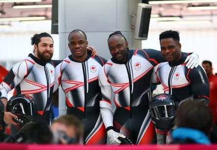 VR_20180225_TEAMCANADA_CB6P0194 Christopher Spring, Lascelles Brown, Bryan Barnett and Neville Wright of Canada compete in the 4-man Bobsleigh at the Olympic Sliding Centre during the PyeongChang 2018 Olympic Winter Games in PyeongChang, South Korea on February 25, 2018. (Photo by Vaughn Ridley/COC)