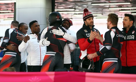The Canadian teams congratulate each other following the 4-man Bobsleigh at the Olympic Sliding Centre during the PyeongChang 2018 Olympic Winter Games in PyeongChang, South Korea on February 25, 2018. (Photo by Vaughn Ridley/COC)