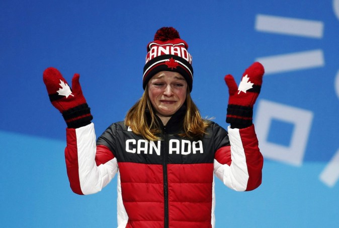Women's 500 meters short track speed skating bronze medalist Kim Boutin, of Canada, gestures during the medals ceremony at the 2018 Olympic Winter Games in PyeongChang, South Korea, Wednesday, Feb. 14, 2018. (AP Photo/Patrick Semansky)