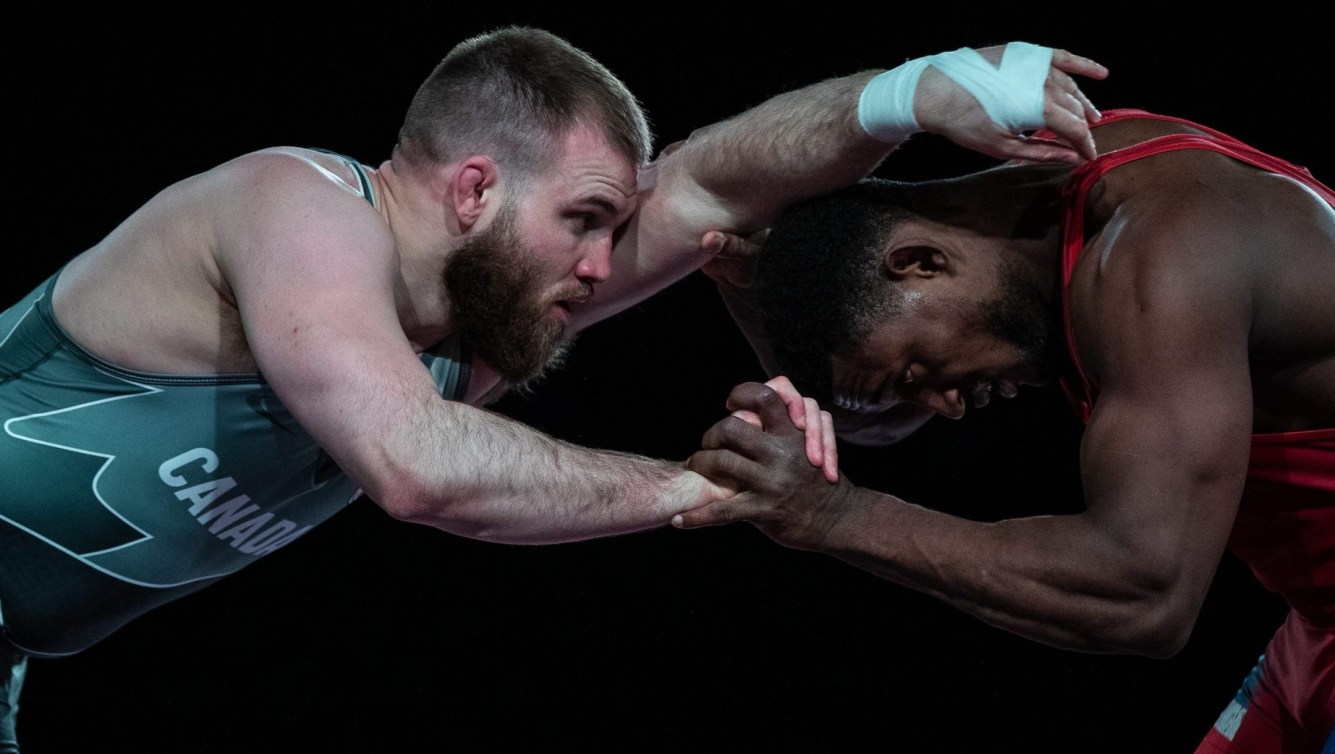 Two wrestlers in a hold