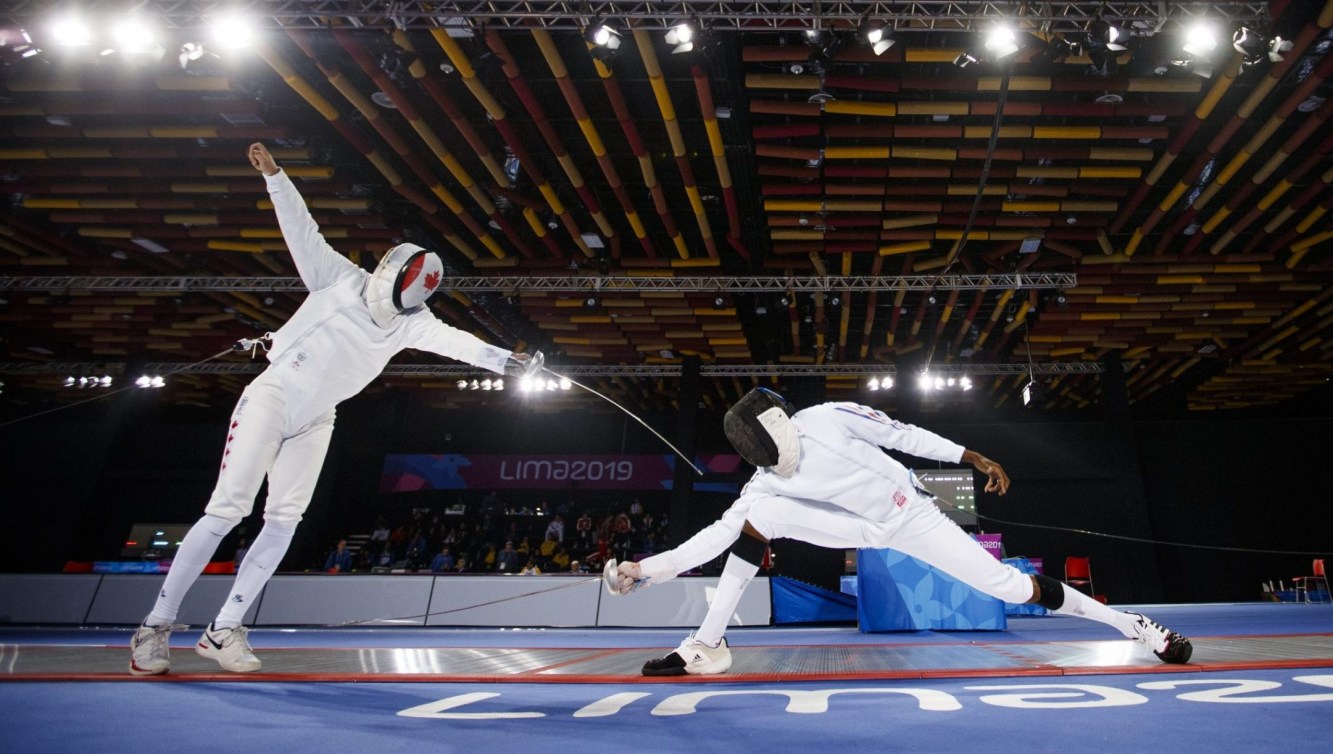 Marc-Antoine Blais Belanger of Canada competes during the men's individual epee at the Lima 2019 Pan American Games