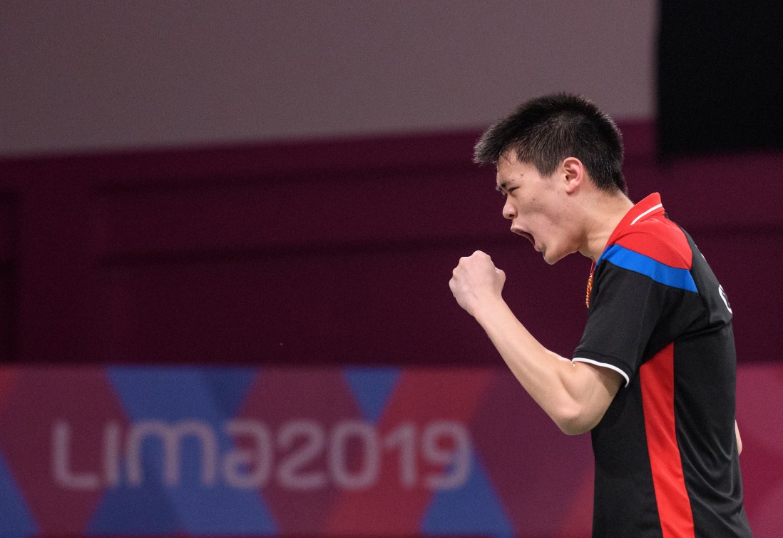 Brian Yang celebrates during a game at Lima 2019.