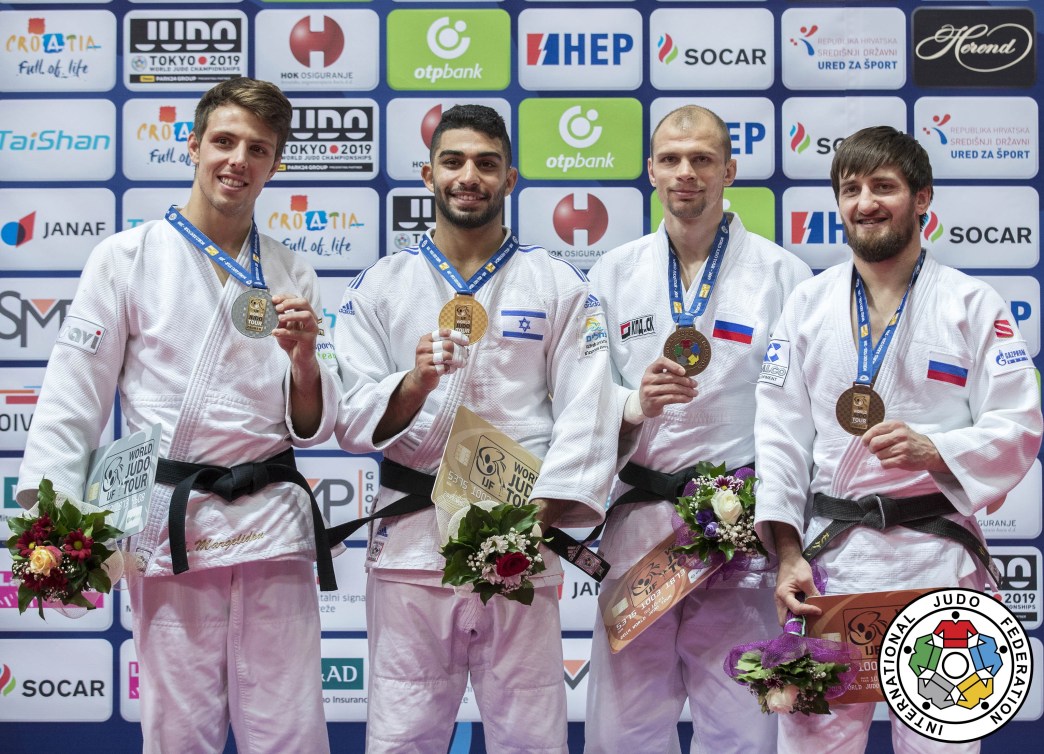 The men's -73 kg podium at the 2019 Zagreb Grand Prix.