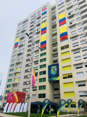 Building in village with brazil flag