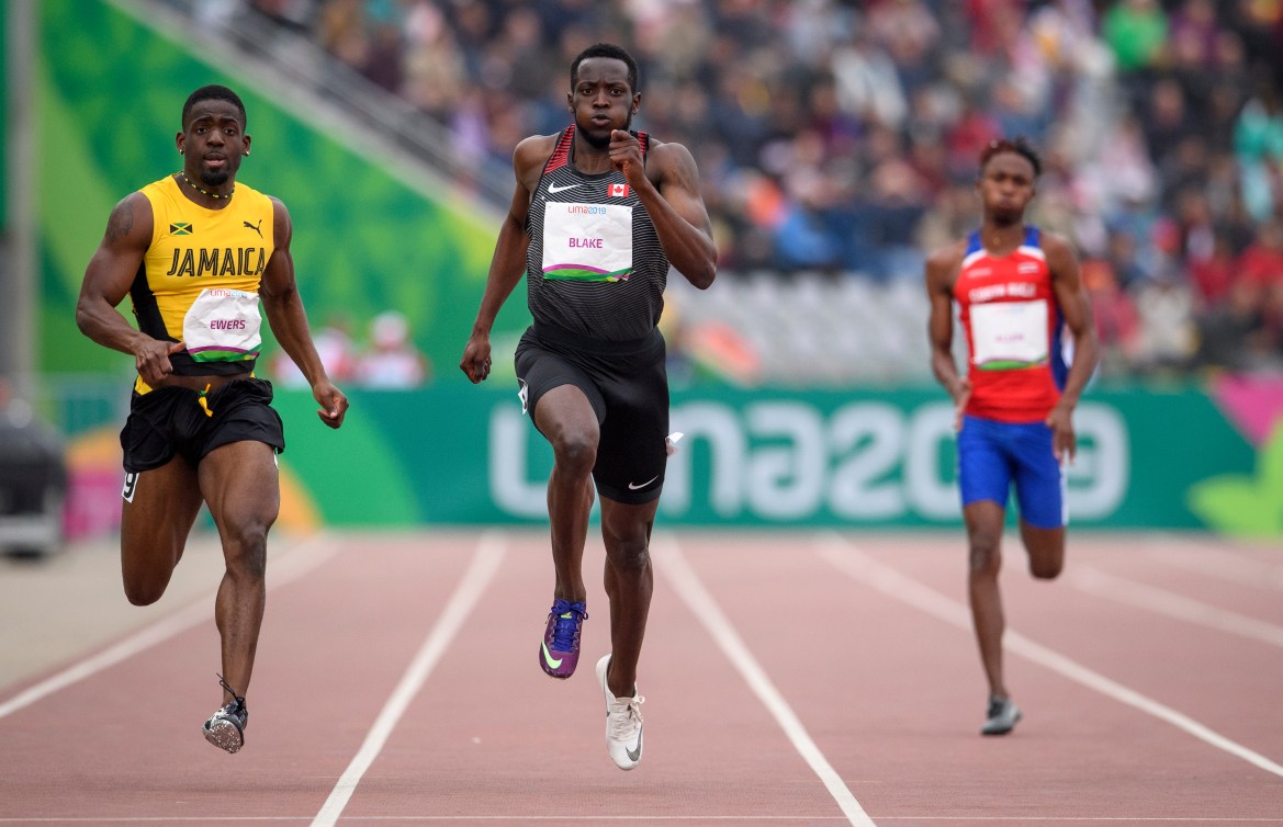 Jerome Blake of Canada competes in the men's 200m at the Lima 2019 Pan American Games.