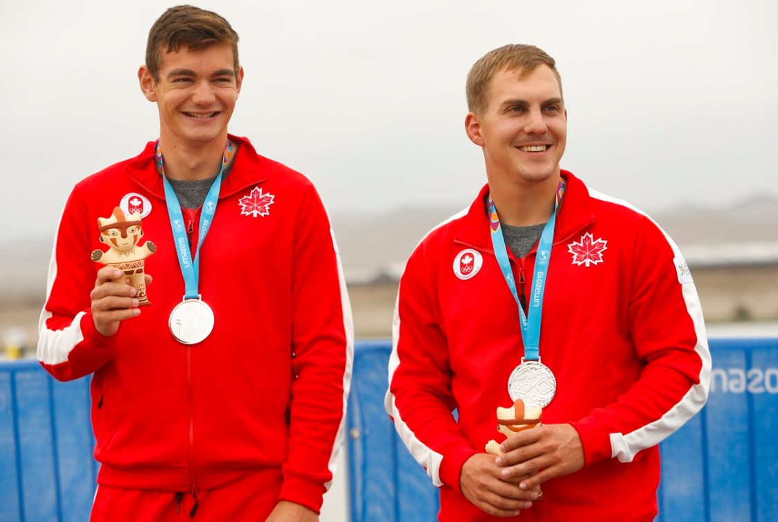 Jacob Steele (left) and Jarret Kenke on the podium (silver) for the men's K2 1000m at Lima 2019.