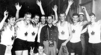 Philip Keuber, second from right, with the 1954 gold medal winning eights team