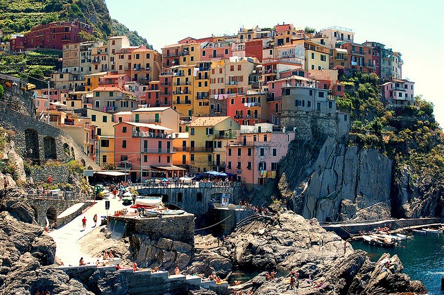 View of Cinque Terre's colourful buildings.
