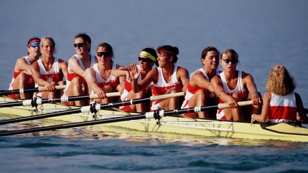 Megan Delehanty and her women's 8+ rowing team celebrate their gold medal win at Barcelona 1992