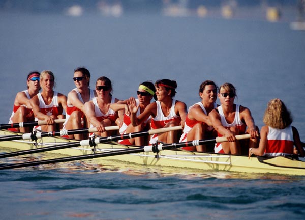 Megan Delehanty and her women's 8+ rowing team celebrate their gold medal win at Barcelona 1992