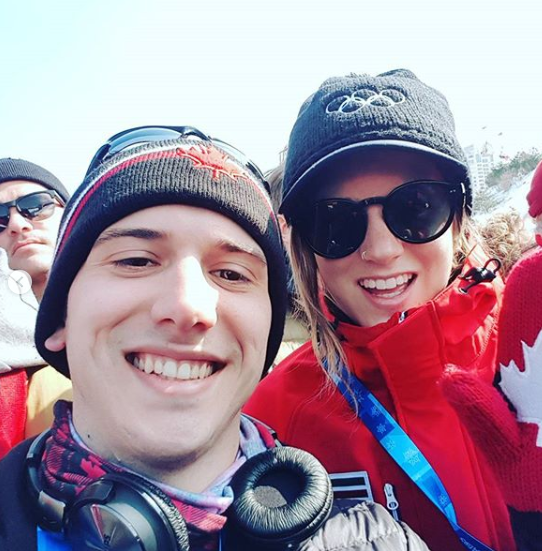 Cassie Sharpe and a volunteer at PyeongChang 2018