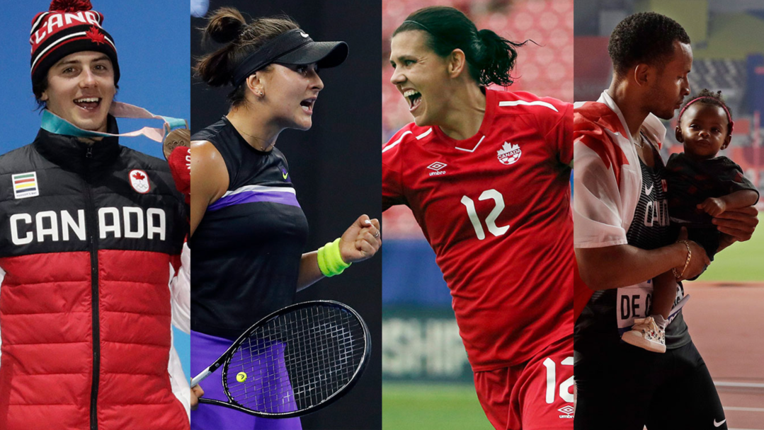 collage of Mark McMorris, Bianca Andreescu, Christine Sinclair and Andre DeGrasse.