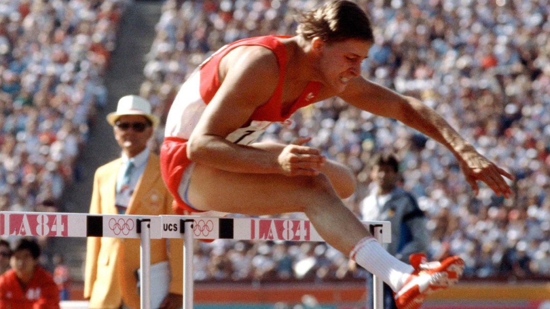 Jeff Glass competes in 110m hurdles Los Angeles 1984