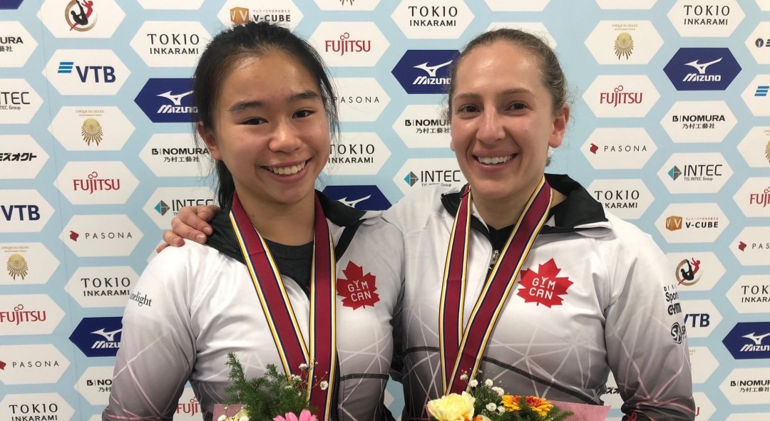 Trampoline Worlds: Samantha Smith along with Rachel Tam captured a bronze medal in womens synchro event after putting up 48.420 points for Canada. November 30th, 2019 in Tokyo. (Photo credit: Gymnastics Canada)