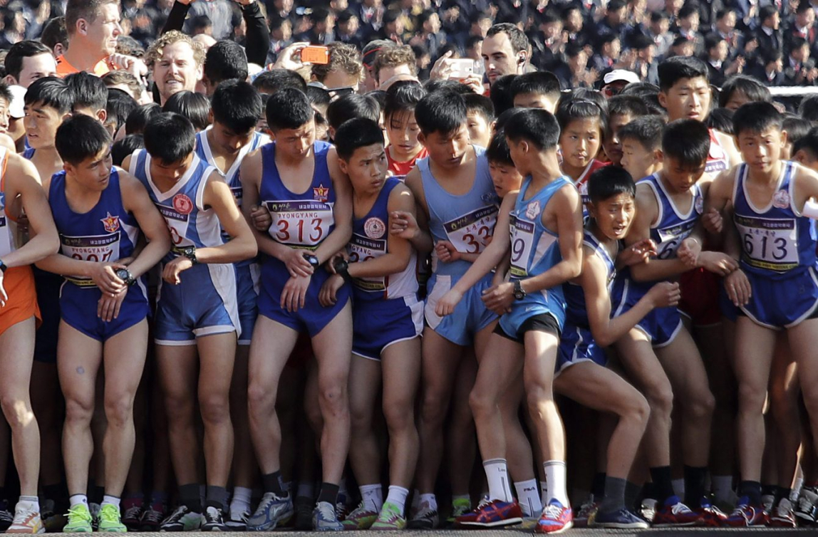 Runners get ready to start the Pyonyang Marathon.