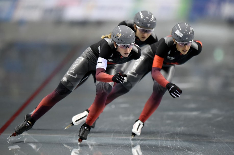 NAGANO, JAPAN - DECEMBER 15: Team Canada perform in the in the Women's Team Pursuit.