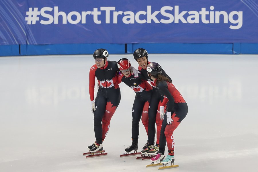 The women's short track relay team, composed of Alyson Charles, Courtney Sarault, Danaé Blais and Kim Boutin, finished with a time of 4:09.460 to win the gold medal for the first time since the 2014-15 season. It is the fourth medal of the season for the women but first gold medal victory. Previously, they have won three consecutive bronze medals before Shanghai. Saturday December 8th, 2019. Photo from Speed Skating Canada Twitter.