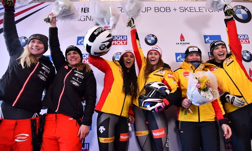 Christine de Bruin and Kristen Bujnowski at the Bobsleigh World Cup in La Plagne, France on January 11, 2020. (Photo from IBSF).