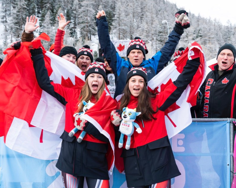Caitlin Nash and Natalie Corless celebrate Silver in the doubles luge at Lausanne 2020