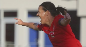 Canada's Christine Sinclair celebrates after scoring.