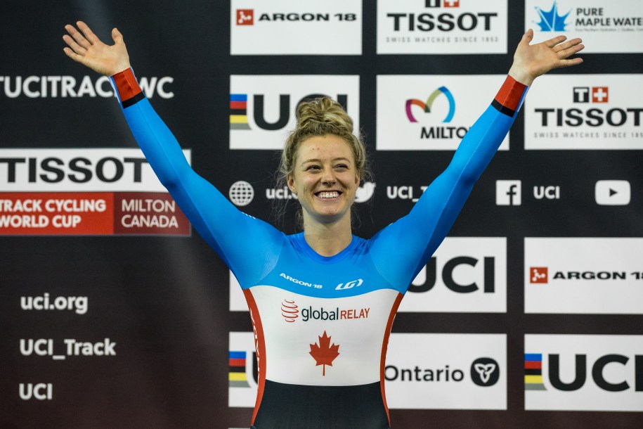 Canadian cyclist Kelsey Mitchell celebrates on podium