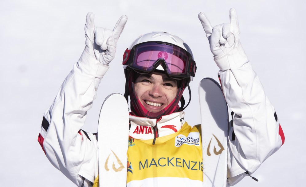 Canada's Mikael Kingsbury celebrates his victory