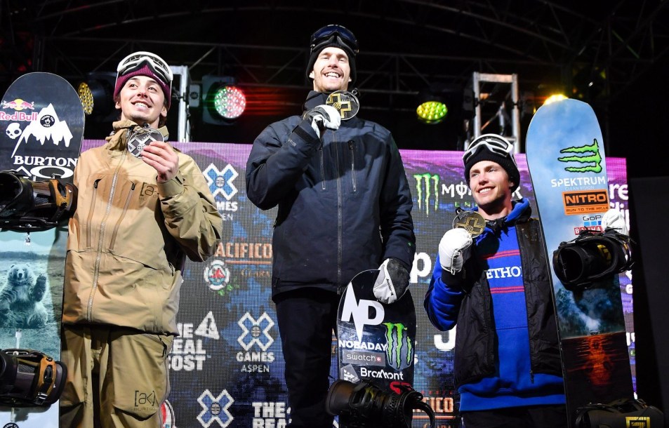 Max Parrot and Mark McMorris stand on the X Games podium