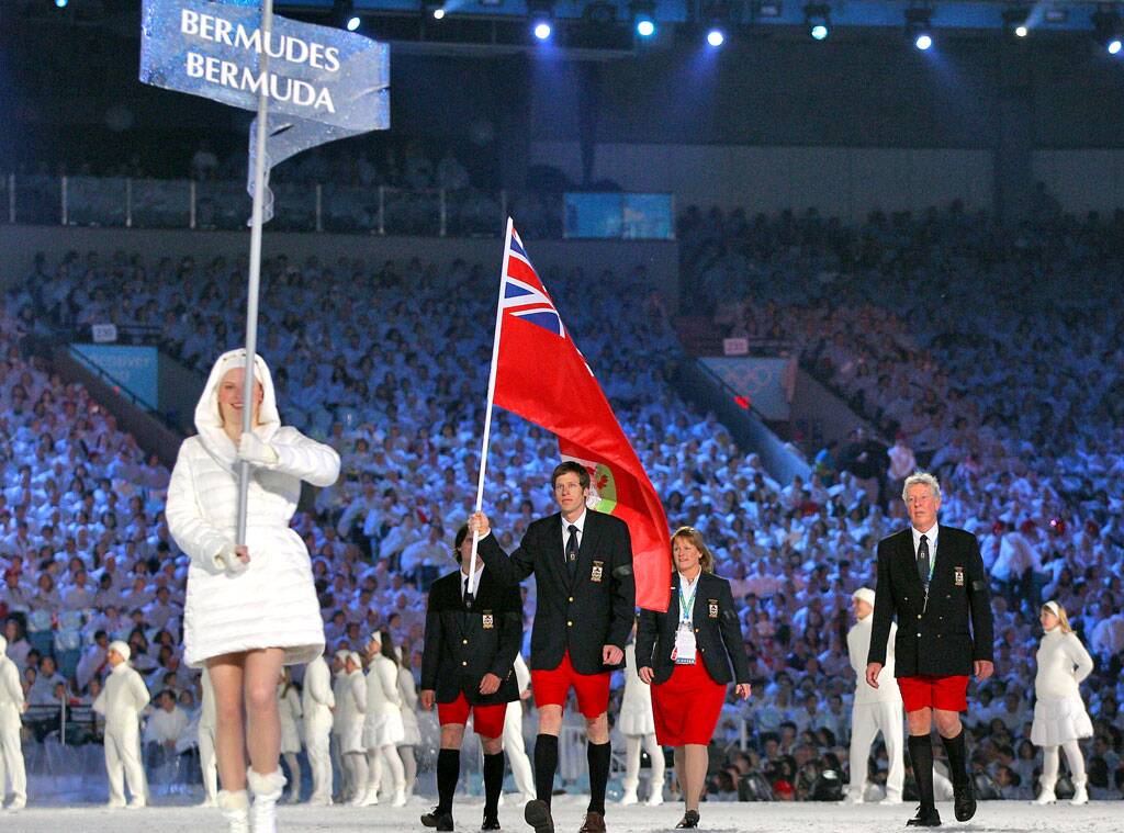 Bermuda walks out during the opening ceremonies of the Vancouver 2010 Olympics lead by flag bearer Tucker Murphy.