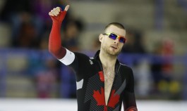 Canada's Laurent Dubreuil celebrates following the men's 1000-metre competition at the ISU World Cup speedskating event in Calgary, Alta., Saturday, Feb. 8, 2020.THE CANADIAN PRESS/Jeff McIntosh