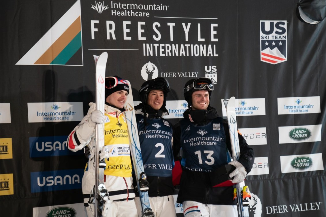 The men's moguls podium featuring Mikaël Kingsbury (left), Ikuma Horishma (centre) and Felix Elofsson (right).