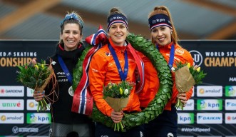 From left, Canada's silver medalist Ivanie Blondin, gold medalist Ireen Wust of the Netherlands and bronze medalist Antoinette de Jon of the Netherlands pose on the podium during the women's medal ceremony at the World Cup skating All-round 2020 in the Viking ship at Hamar, Norway, Sunday, March 1, 2020. (Geir Olsen/NTB Scanpix via AP)
