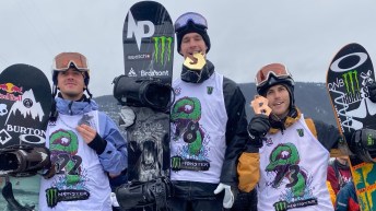 Slopestyle snowboard medallists stand on the podium including Max Parrot and Mark McMorris.