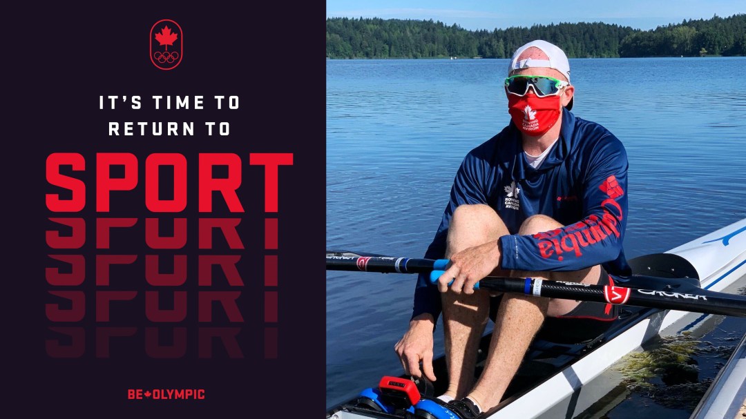 Photo of a rower wearing a mask with the words: It's time to return to sport
