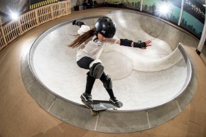 Closeup of skateboarder doing trick