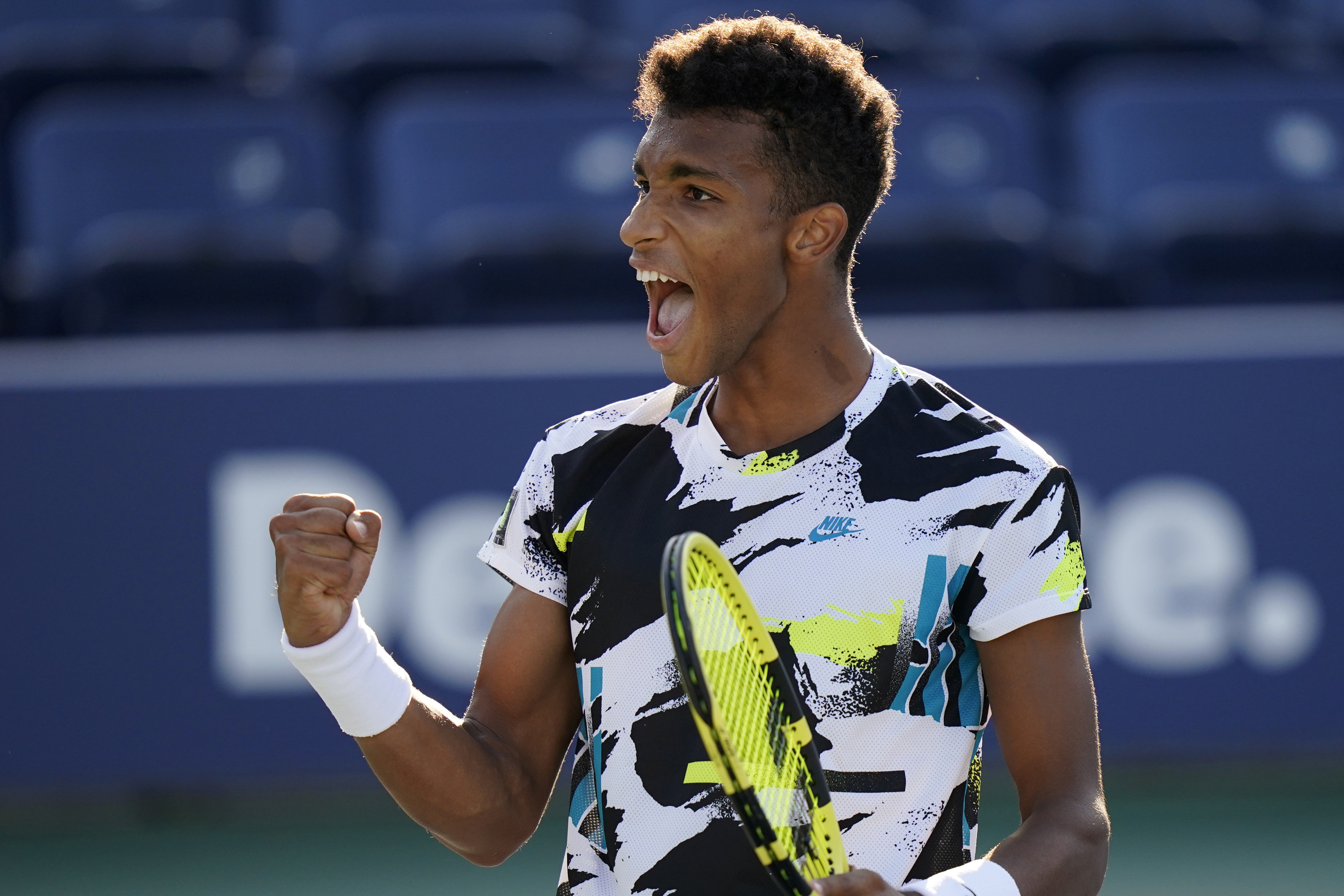 Felix Auger-Aliassime, of Canada, celebrates after winning a match against Corentin Moutet, of France, during the third round of the US Open tennis championships, Saturday, Sept. 5, 2020, in New York. (AP Photo/Frank Franklin II)