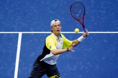 Denis Shapovalov, of Canada, eyes a return to Pablo Carreno Busta, of Spain, during the quarterfinal round of the US Open tennis championships, Tuesday, Sept. 8, 2020, in New York. (AP Photo/Frank Franklin II)