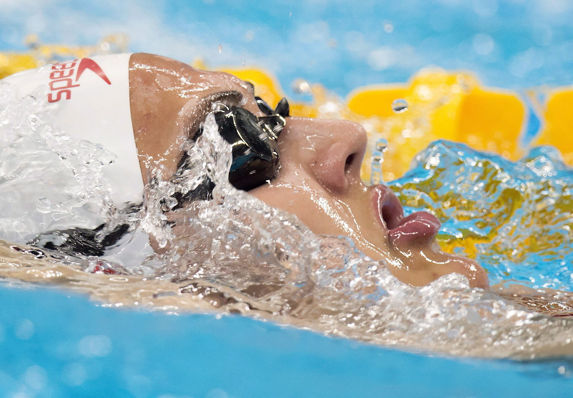 Close up of Kylie Masse's face while swimming