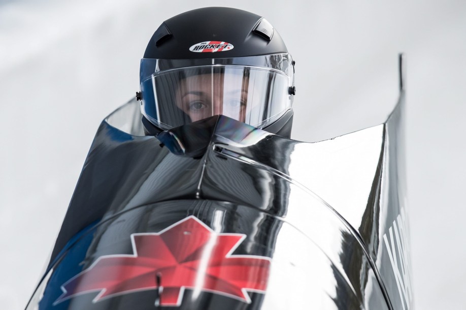 Close up of bobsleigh pilot Christine de Bruin in her sled