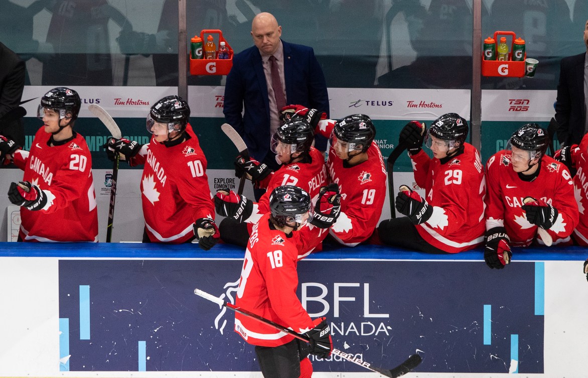 Hockey players celebrating a goal