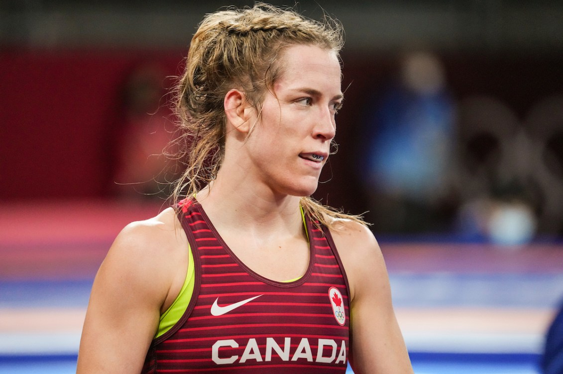 Canadian Danielle Lappage fights against Khanum Velieva of the Russian Olympic Committee in the Women’s Freestyle 68kg during the Tokyo 2020 Olympic Games on August 02, 2021. COC/Handout Dave Holland 