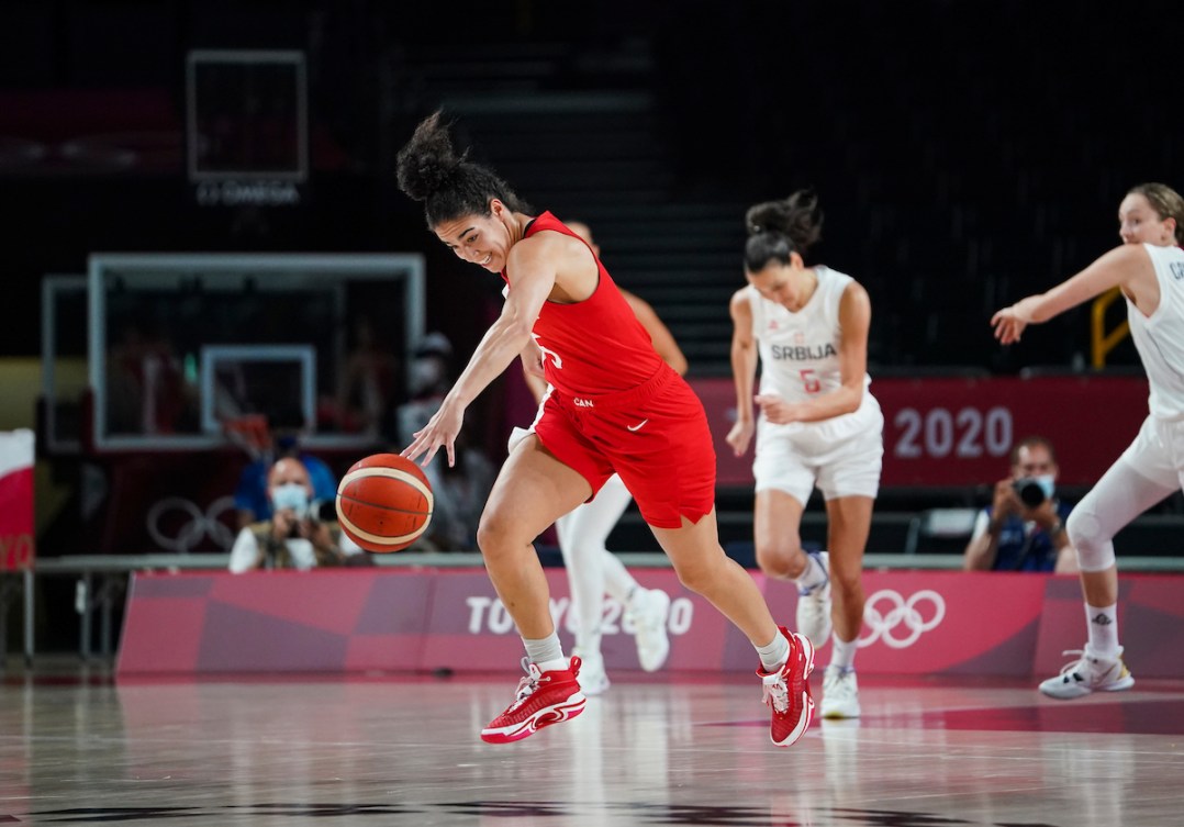 Kia Nurse #5 of Team Canada plays the ball against Serbia during the preliminary round during the Tokyo 2020 Olympic Games on Monday, July 26, 2021. Photo by Leah Hennel/COC