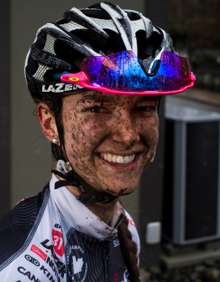 Haley Smith trains at Bear Mountain in Victoria B.C. Canada. Haley Smith smiling with mud on her face