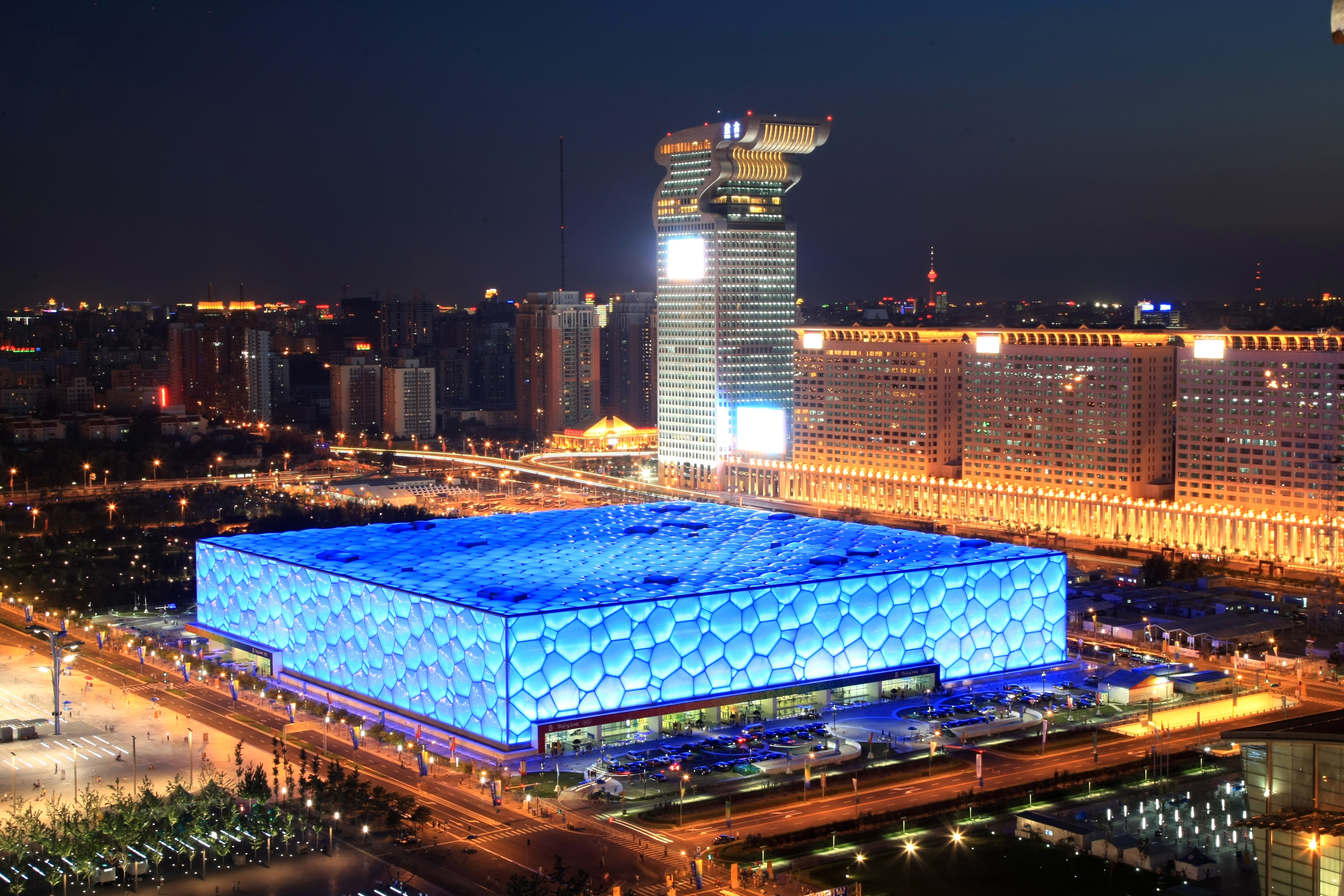Nighttime exterior of Water Cube venue in Beijing 